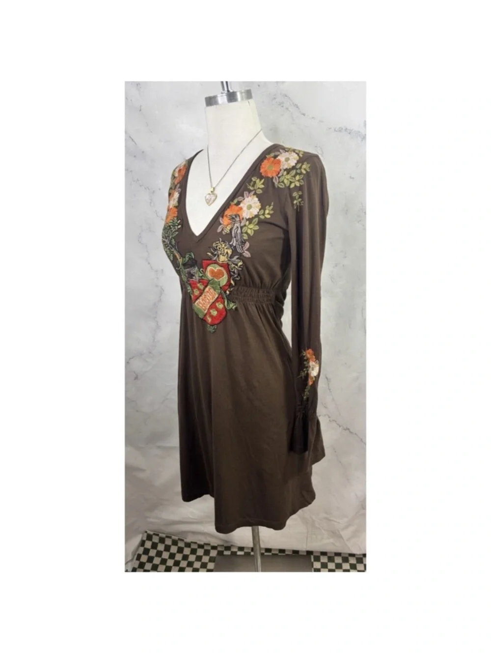 Johnny Was Brown Floral & Heart Embroidered V-Neck Long-Sleeve Dress - Picture 12 of 14